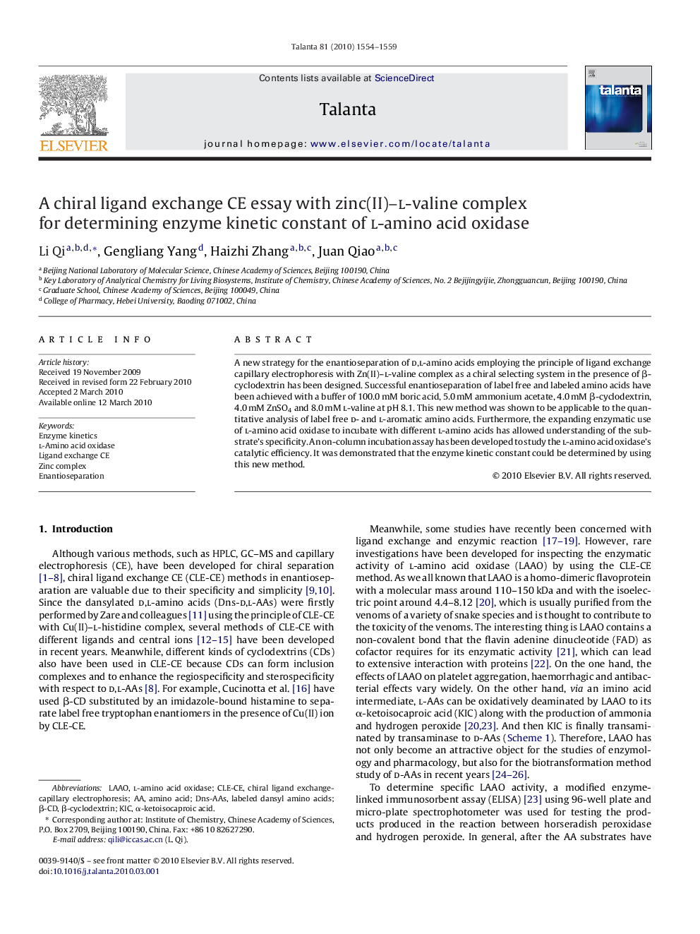 A chiral ligand exchange CE essay with zinc(II)–l-valine complex for determining enzyme kinetic constant of l-amino acid oxidase