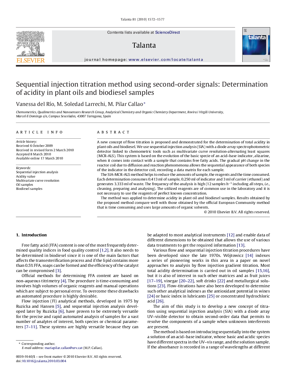 Sequential injection titration method using second-order signals: Determination of acidity in plant oils and biodiesel samples