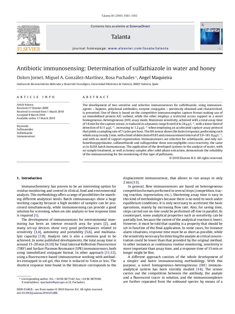 Antibiotic immunosensing: Determination of sulfathiazole in water and honey