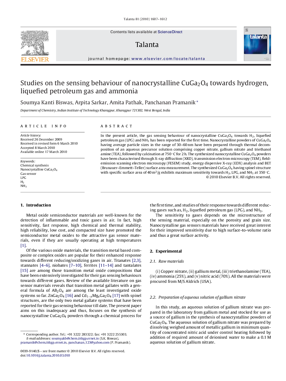 Studies on the sensing behaviour of nanocrystalline CuGa2O4 towards hydrogen, liquefied petroleum gas and ammonia