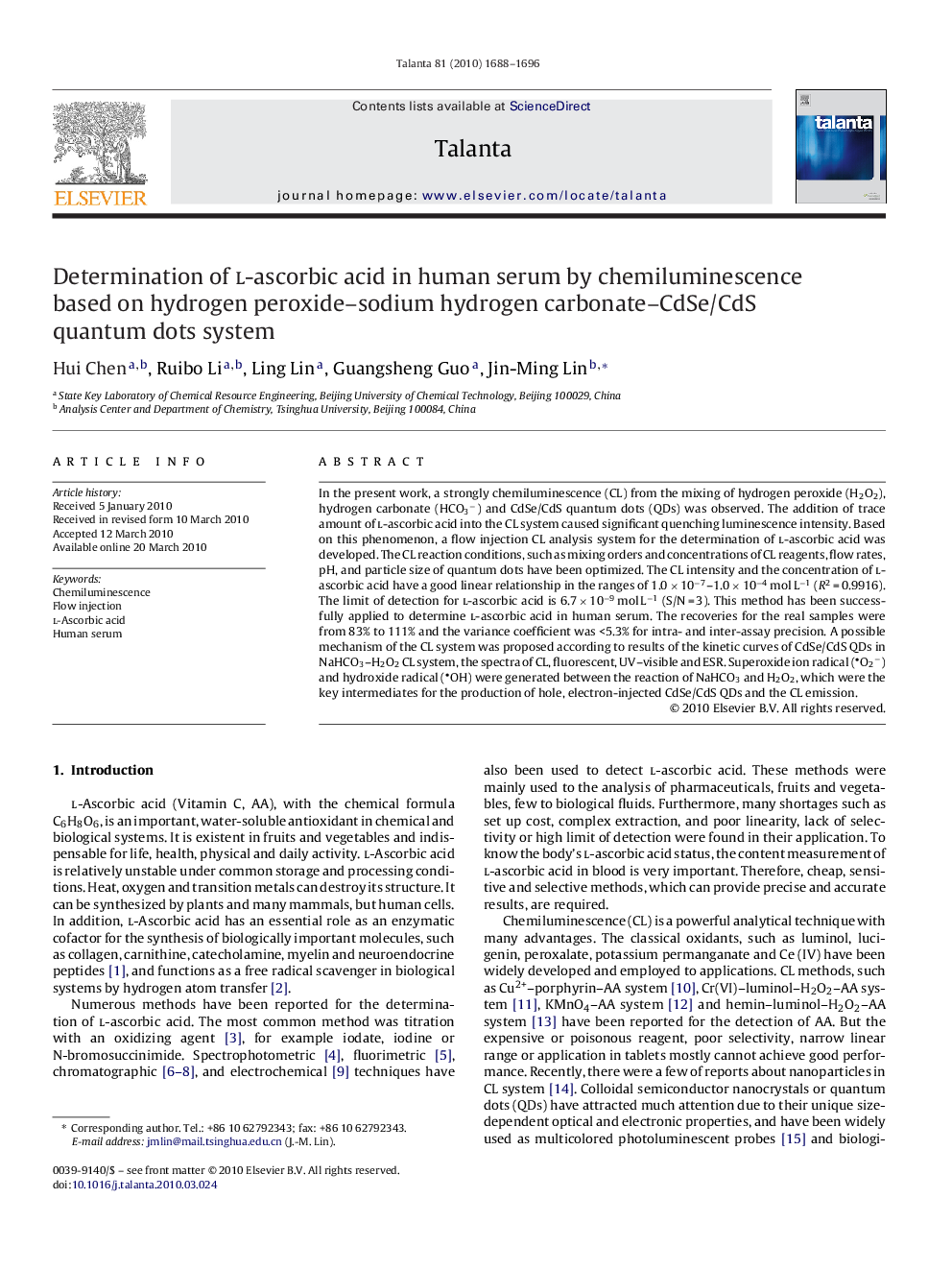 Determination of l-ascorbic acid in human serum by chemiluminescence based on hydrogen peroxide–sodium hydrogen carbonate–CdSe/CdS quantum dots system