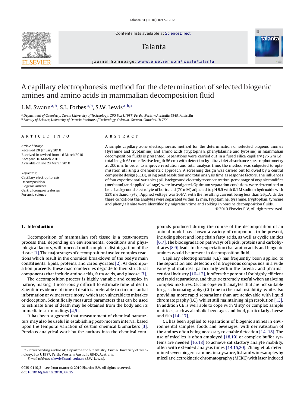 A capillary electrophoresis method for the determination of selected biogenic amines and amino acids in mammalian decomposition fluid