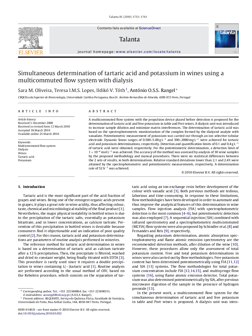 Simultaneous determination of tartaric acid and potassium in wines using a multicommuted flow system with dialysis