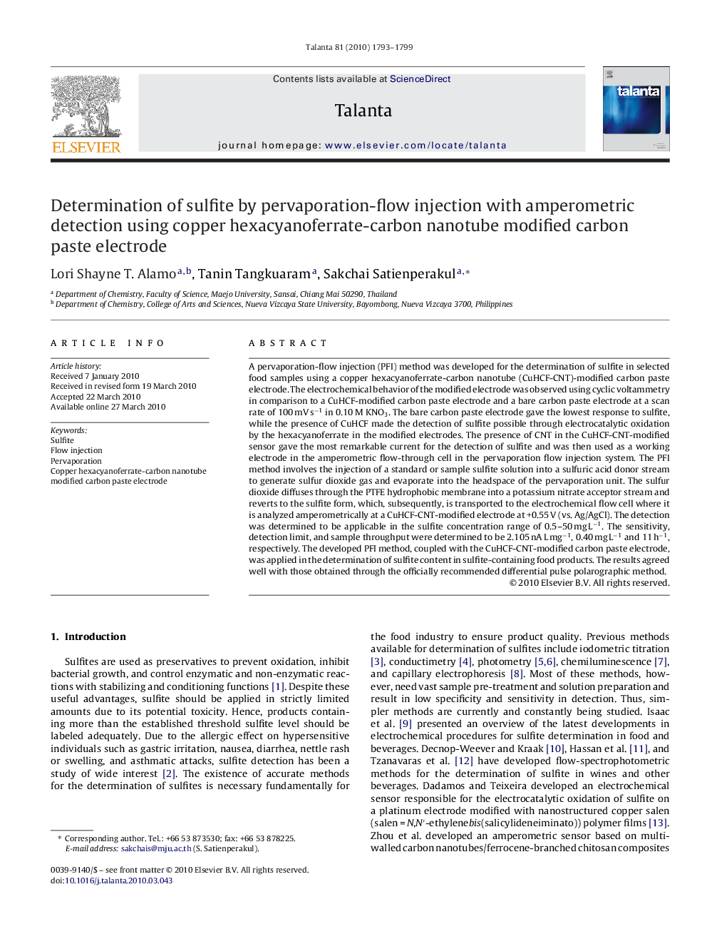 Determination of sulfite by pervaporation-flow injection with amperometric detection using copper hexacyanoferrate-carbon nanotube modified carbon paste electrode