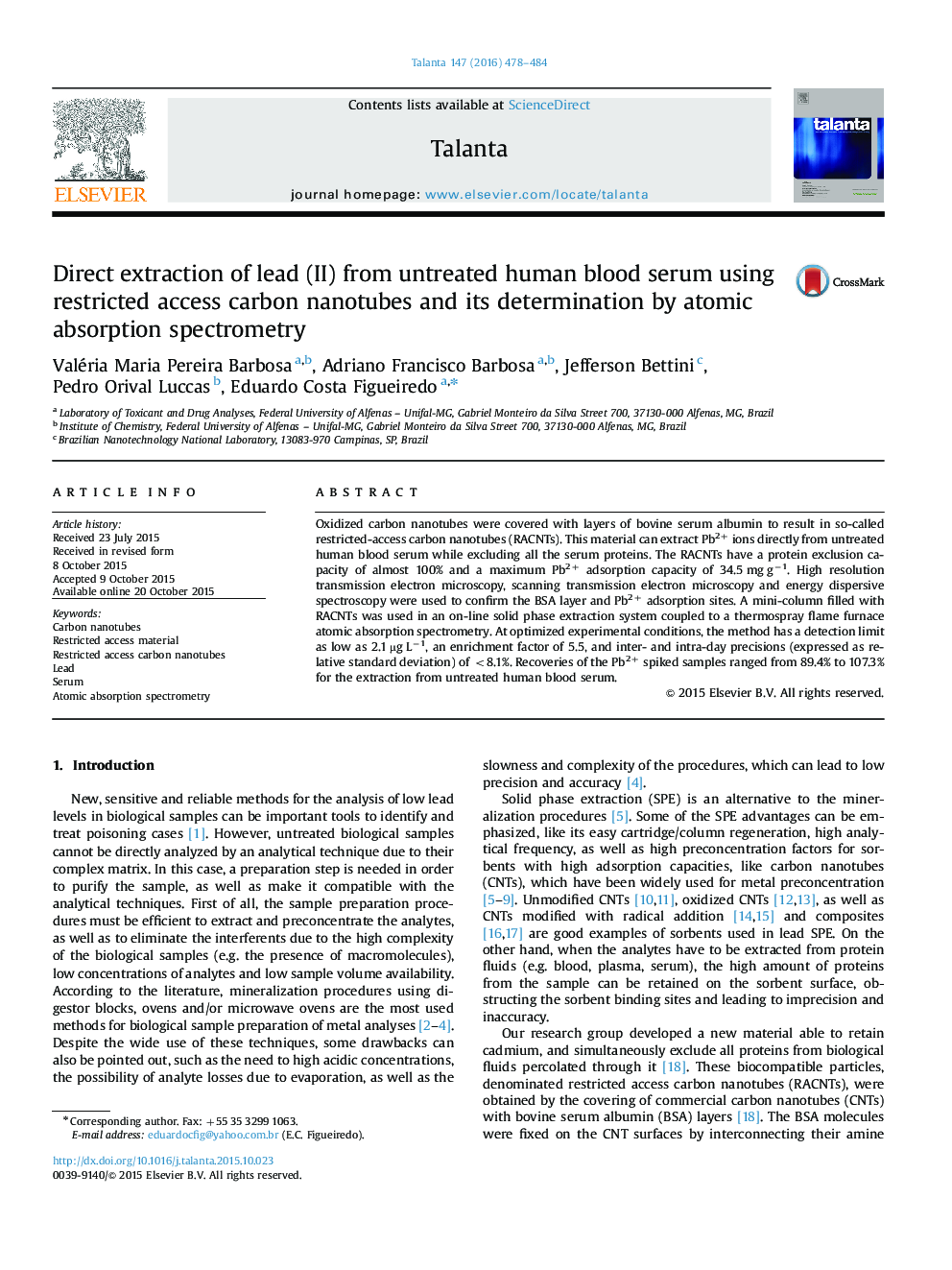 Direct extraction of lead (II) from untreated human blood serum using restricted access carbon nanotubes and its determination by atomic absorption spectrometry