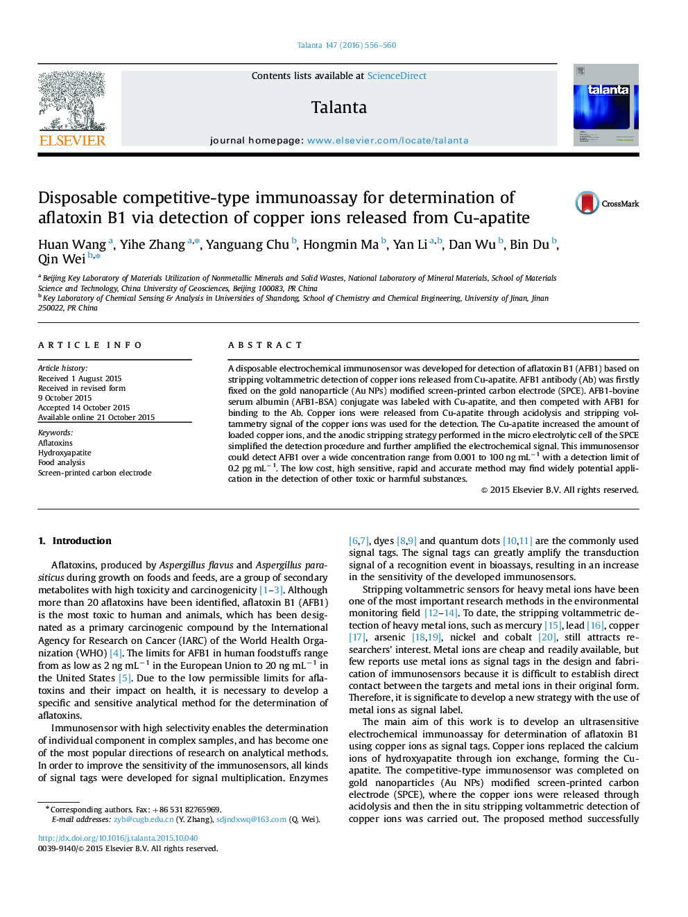 Disposable competitive-type immunoassay for determination of aflatoxin B1 via detection of copper ions released from Cu-apatite