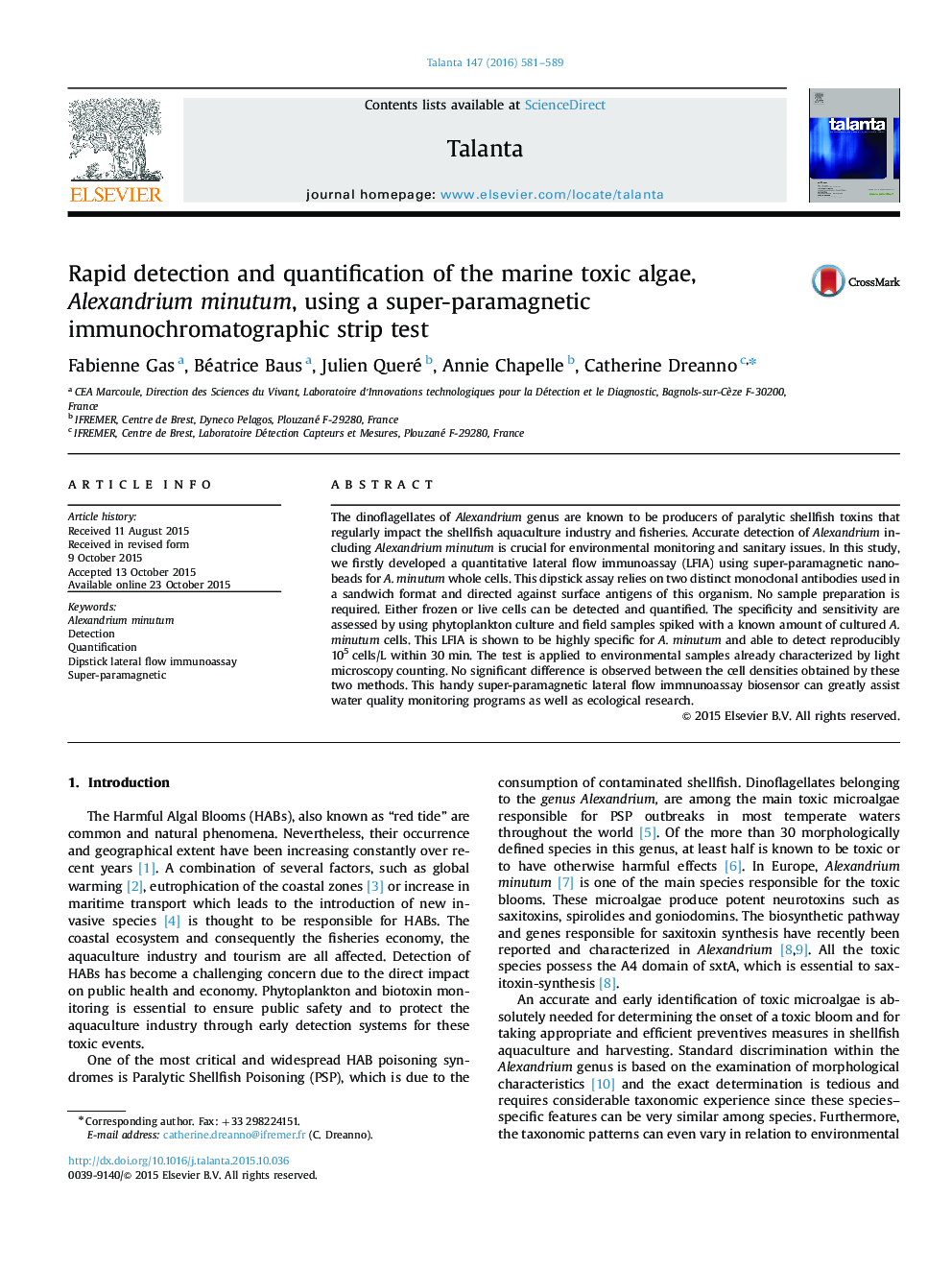 Rapid detection and quantification of the marine toxic algae, Alexandrium minutum, using a super-paramagnetic immunochromatographic strip test