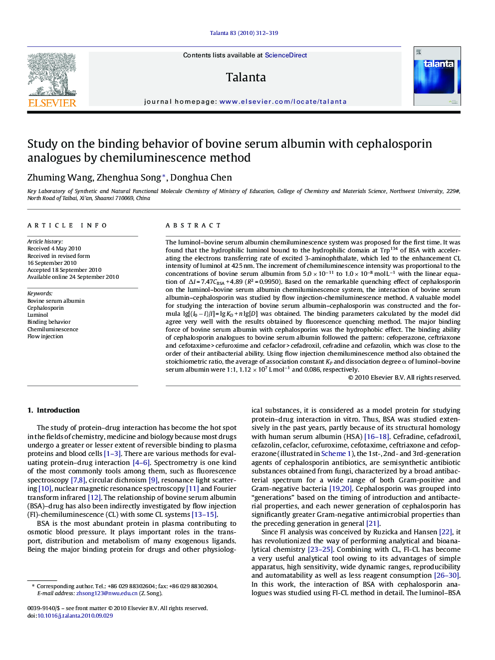 Study on the binding behavior of bovine serum albumin with cephalosporin analogues by chemiluminescence method