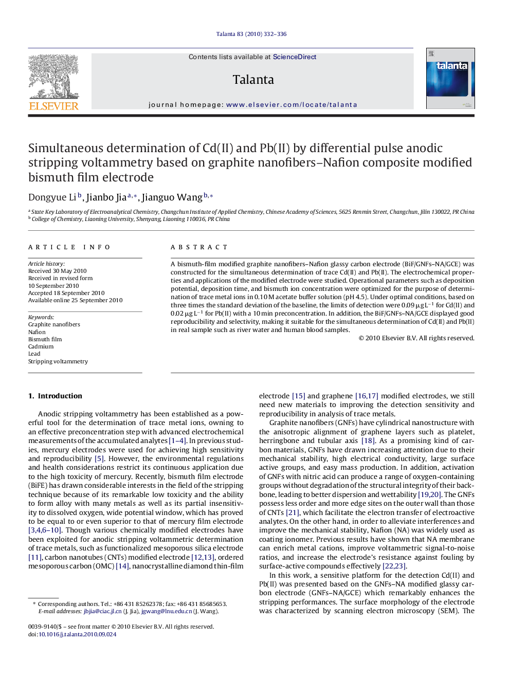 Simultaneous determination of Cd(II) and Pb(II) by differential pulse anodic stripping voltammetry based on graphite nanofibers–Nafion composite modified bismuth film electrode