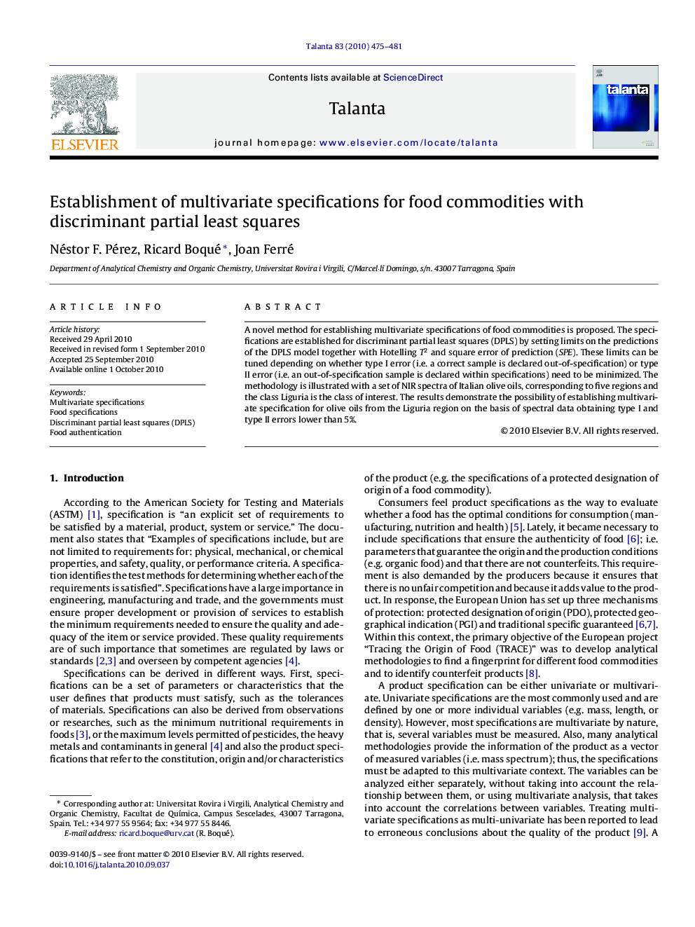 Establishment of multivariate specifications for food commodities with discriminant partial least squares