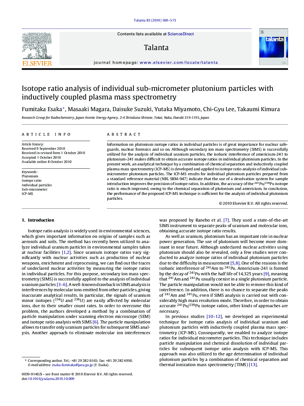 Isotope ratio analysis of individual sub-micrometer plutonium particles with inductively coupled plasma mass spectrometry