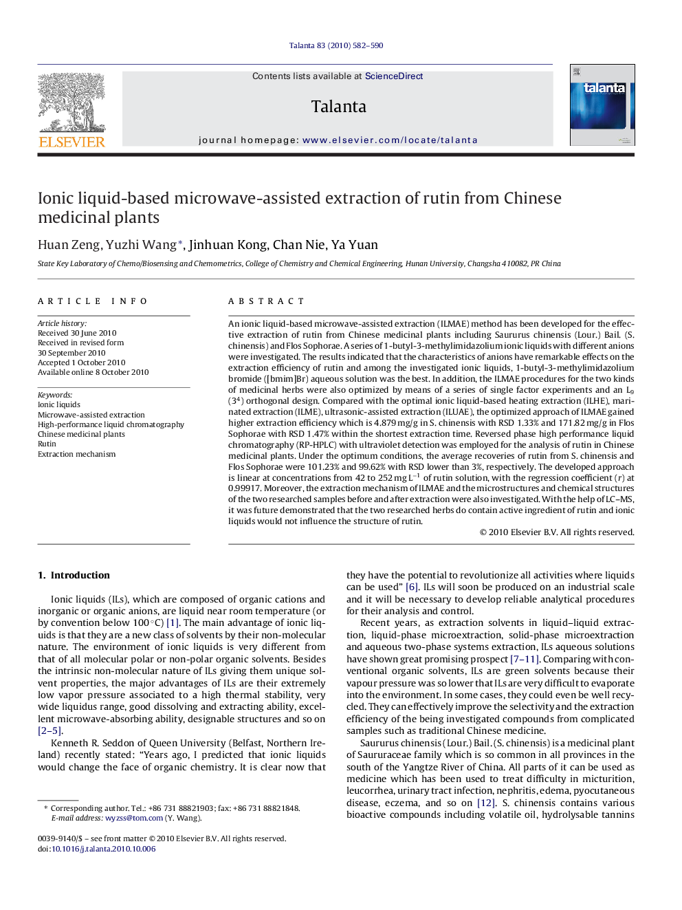 Ionic liquid-based microwave-assisted extraction of rutin from Chinese medicinal plants