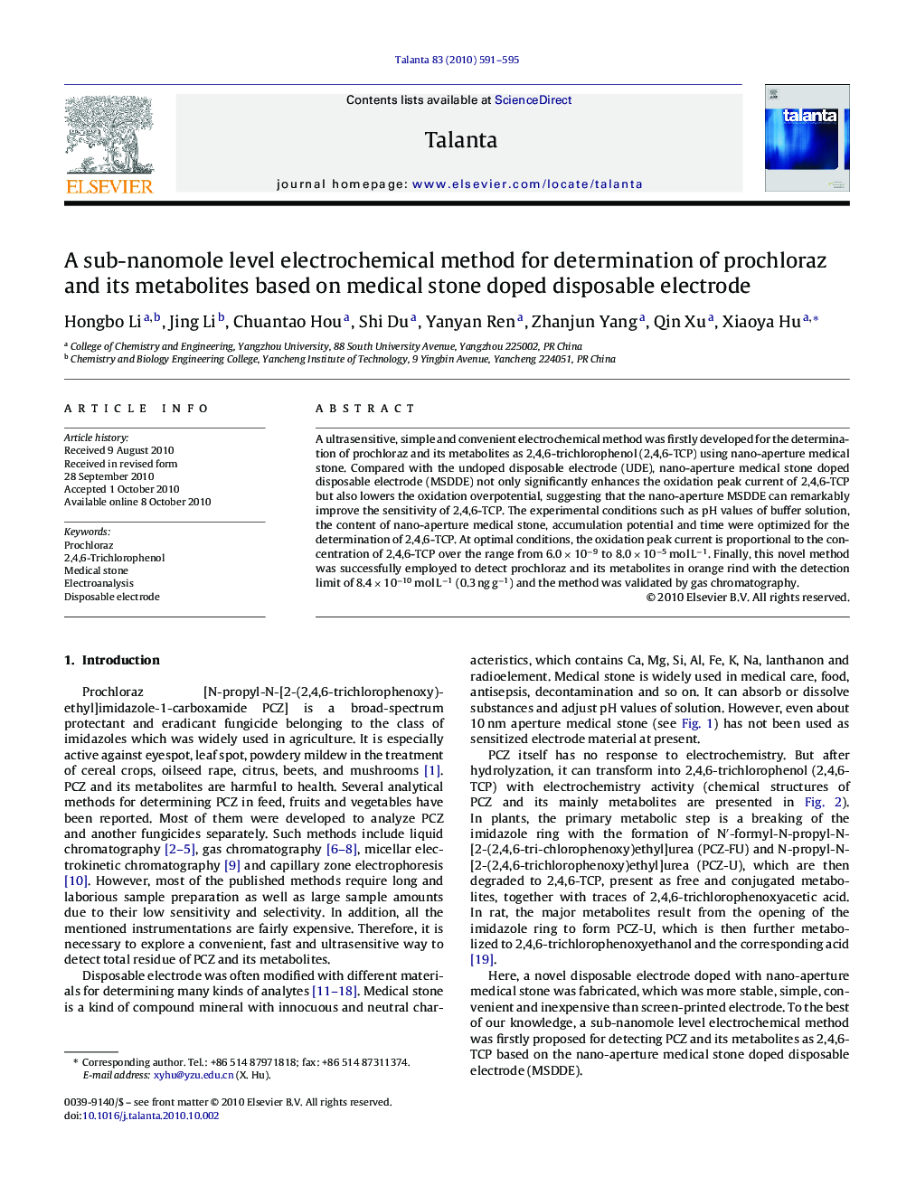 A sub-nanomole level electrochemical method for determination of prochloraz and its metabolites based on medical stone doped disposable electrode