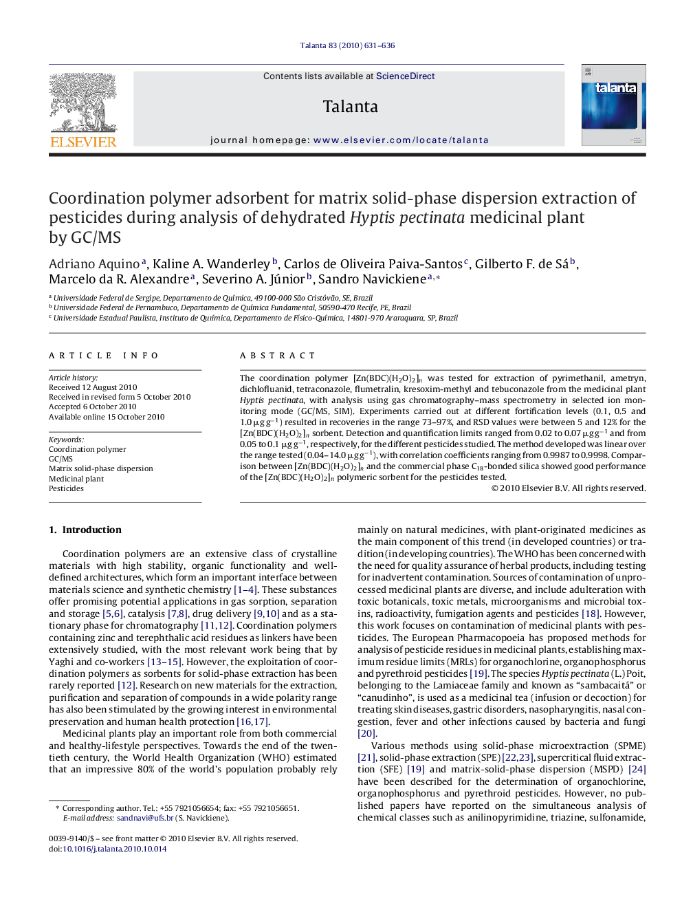 Coordination polymer adsorbent for matrix solid-phase dispersion extraction of pesticides during analysis of dehydrated Hyptis pectinata medicinal plant by GC/MS