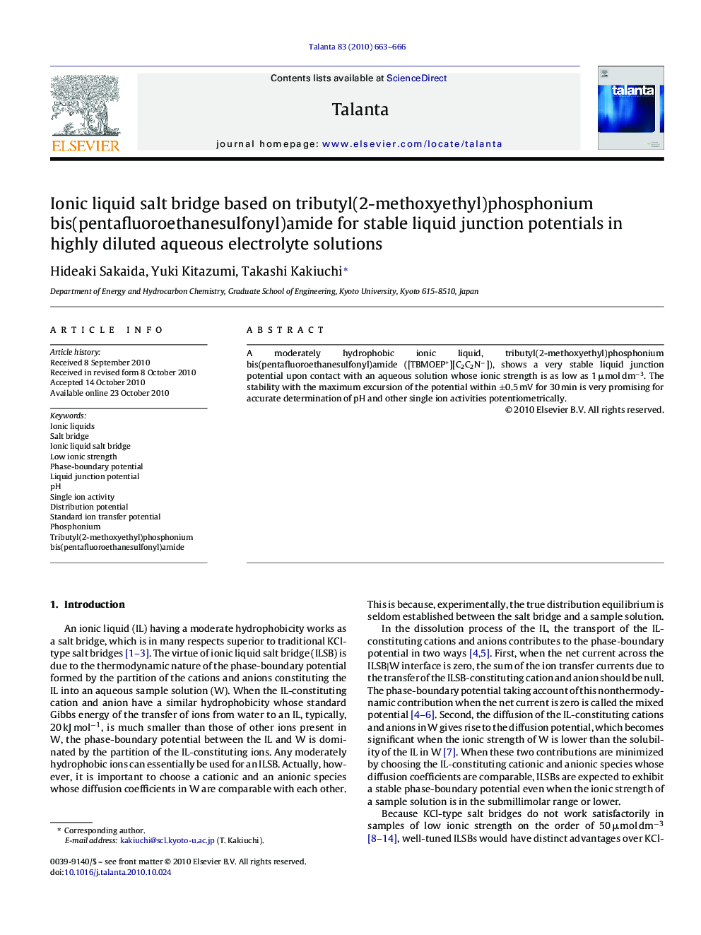 Ionic liquid salt bridge based on tributyl(2-methoxyethyl)phosphonium bis(pentafluoroethanesulfonyl)amide for stable liquid junction potentials in highly diluted aqueous electrolyte solutions