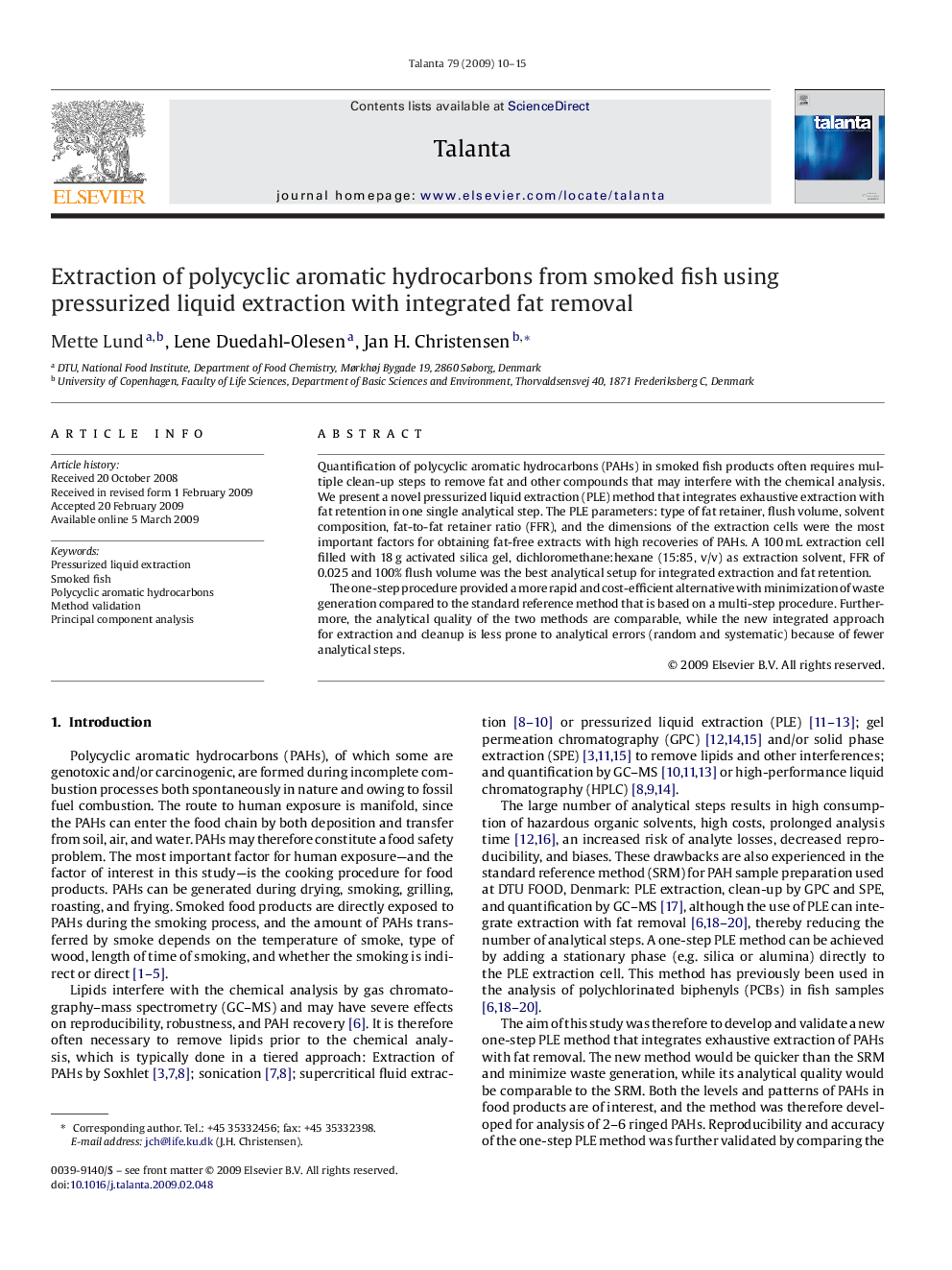 Extraction of polycyclic aromatic hydrocarbons from smoked fish using pressurized liquid extraction with integrated fat removal