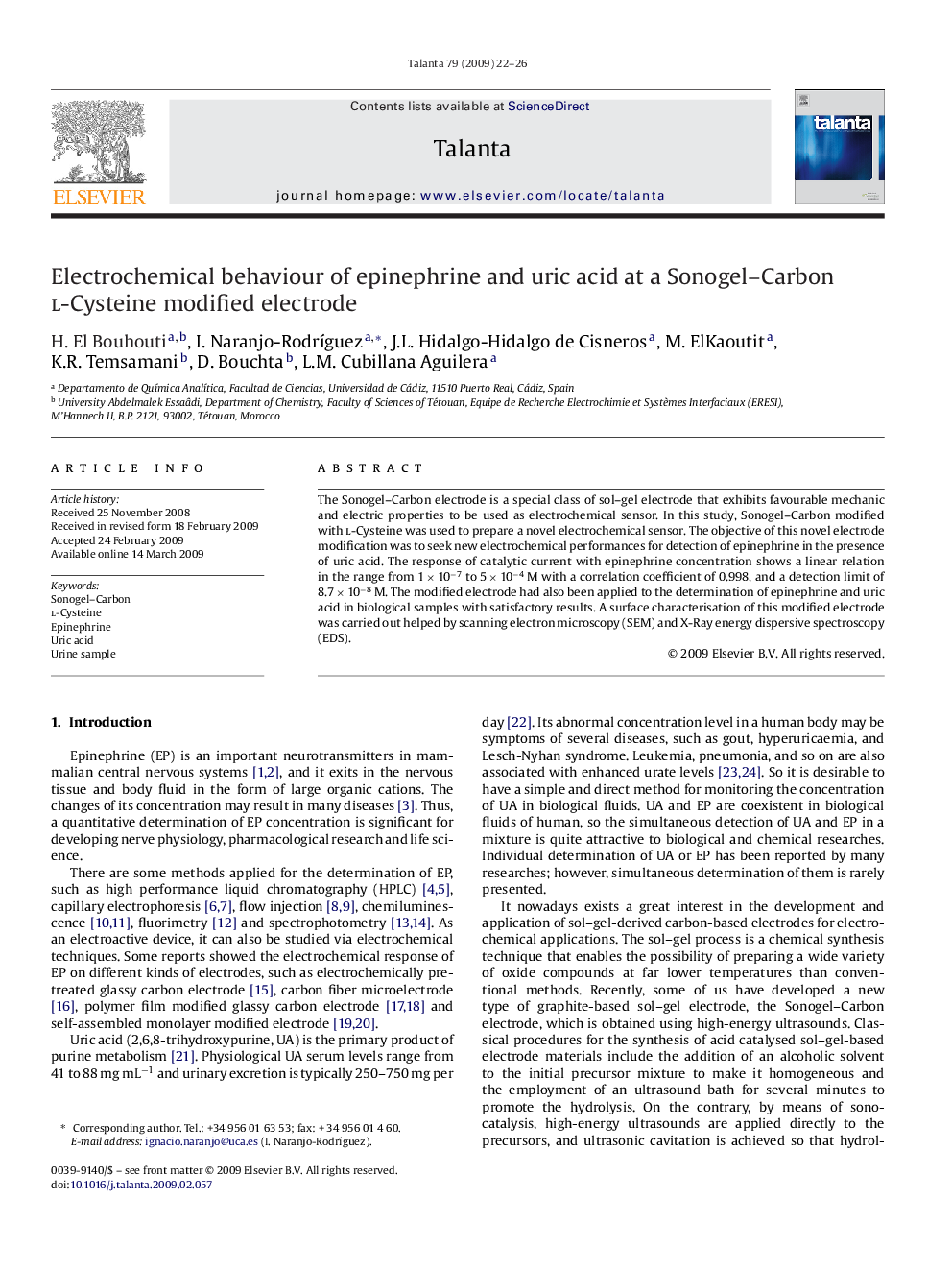 Electrochemical behaviour of epinephrine and uric acid at a Sonogel–Carbon l-Cysteine modified electrode