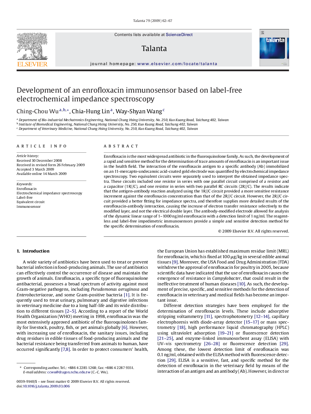 Development of an enrofloxacin immunosensor based on label-free electrochemical impedance spectroscopy