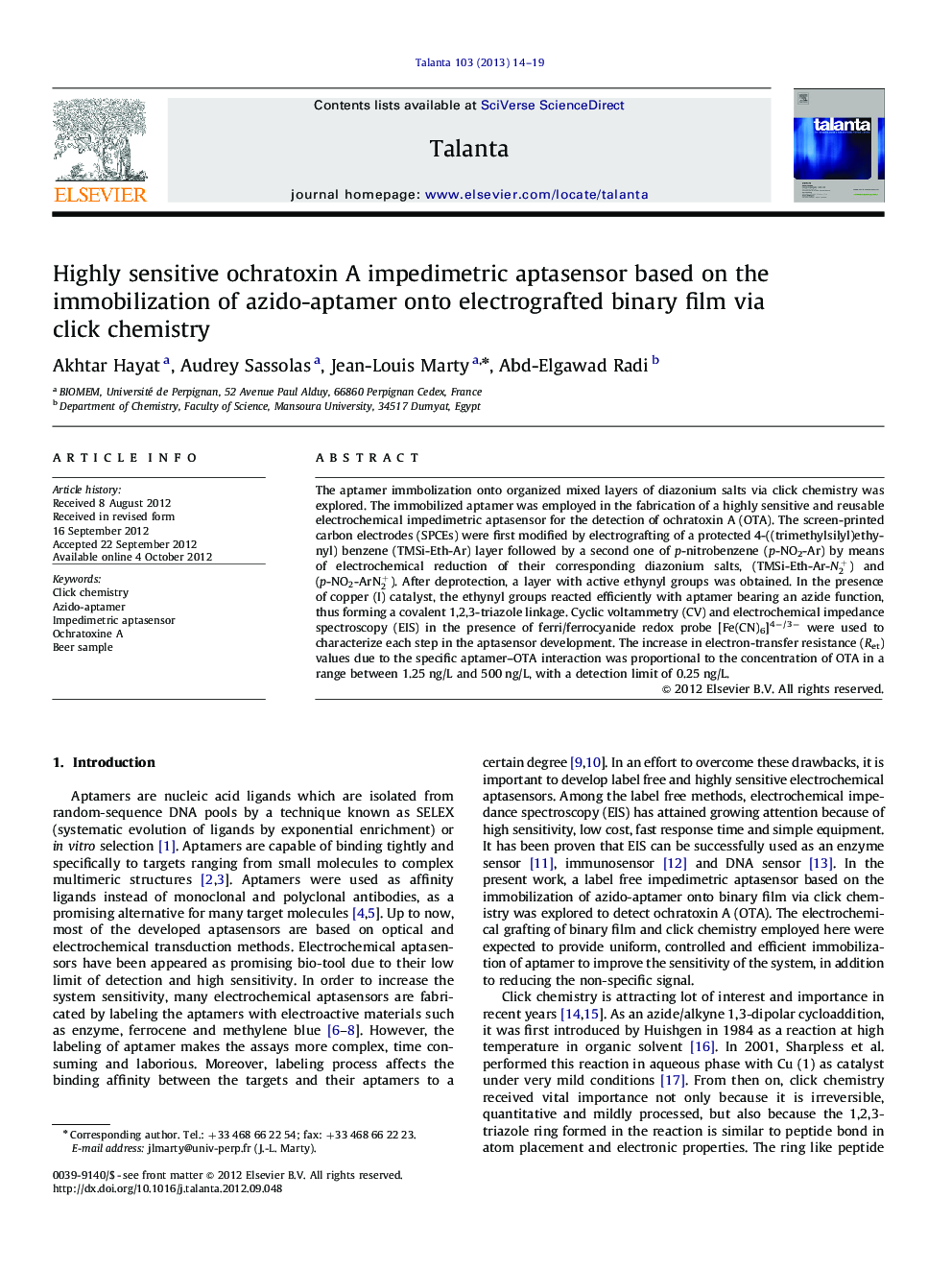 Highly sensitive ochratoxin A impedimetric aptasensor based on the immobilization of azido-aptamer onto electrografted binary film via click chemistry