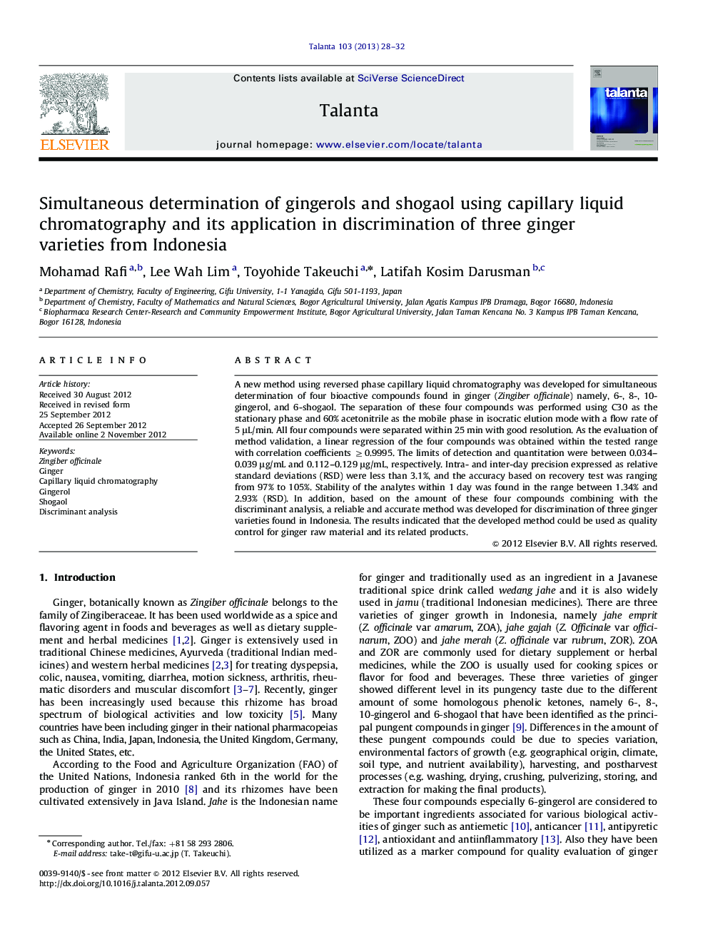 Simultaneous determination of gingerols and shogaol using capillary liquid chromatography and its application in discrimination of three ginger varieties from Indonesia