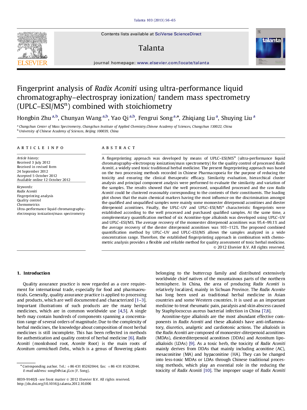 Fingerprint analysis of Radix Aconiti using ultra-performance liquid chromatography–electrospray ionization/ tandem mass spectrometry (UPLC–ESI/MSn) combined with stoichiometry