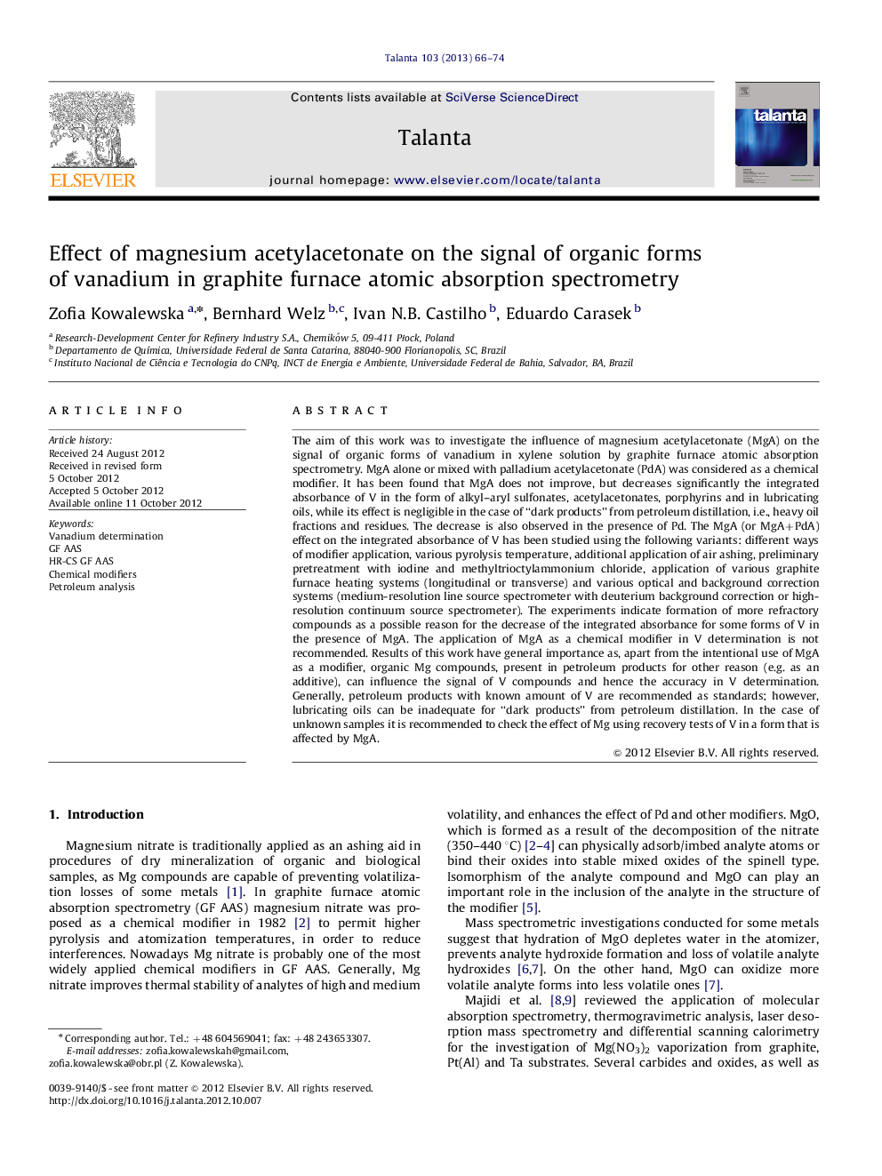 Effect of magnesium acetylacetonate on the signal of organic forms of vanadium in graphite furnace atomic absorption spectrometry