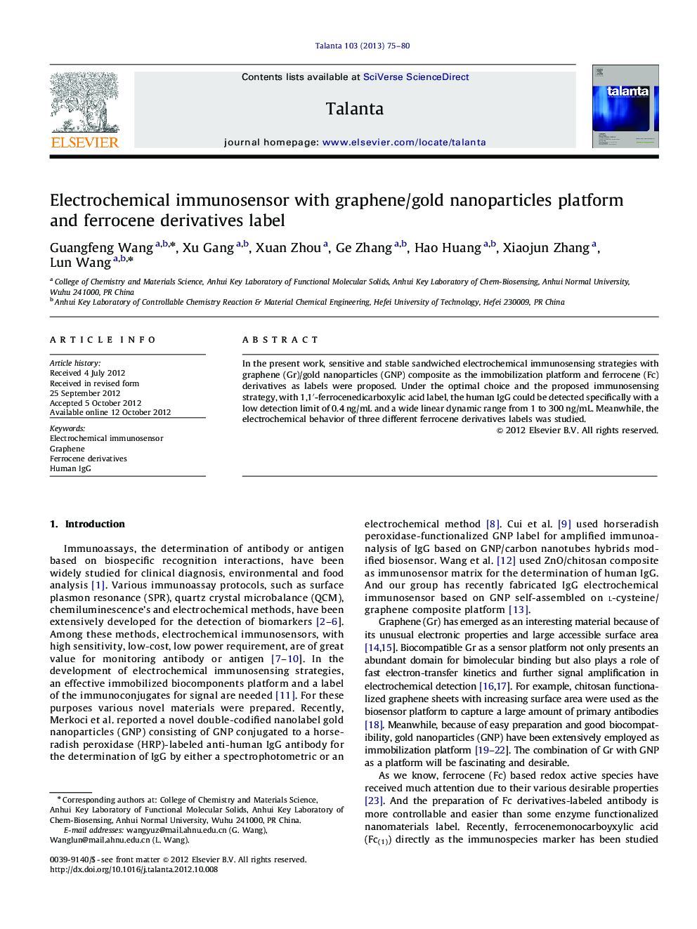 Electrochemical immunosensor with graphene/gold nanoparticles platform and ferrocene derivatives label