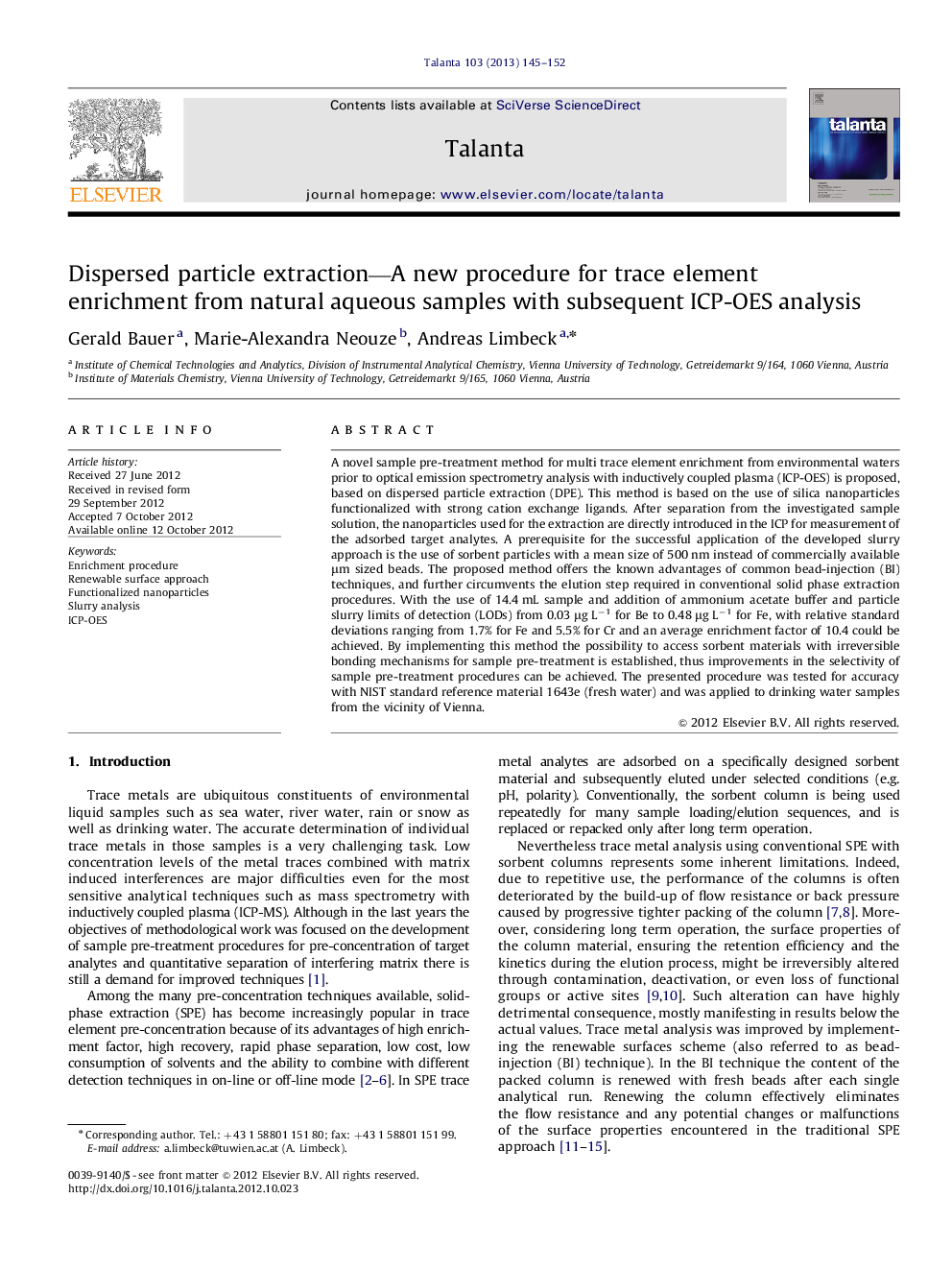 Dispersed particle extraction—A new procedure for trace element enrichment from natural aqueous samples with subsequent ICP-OES analysis