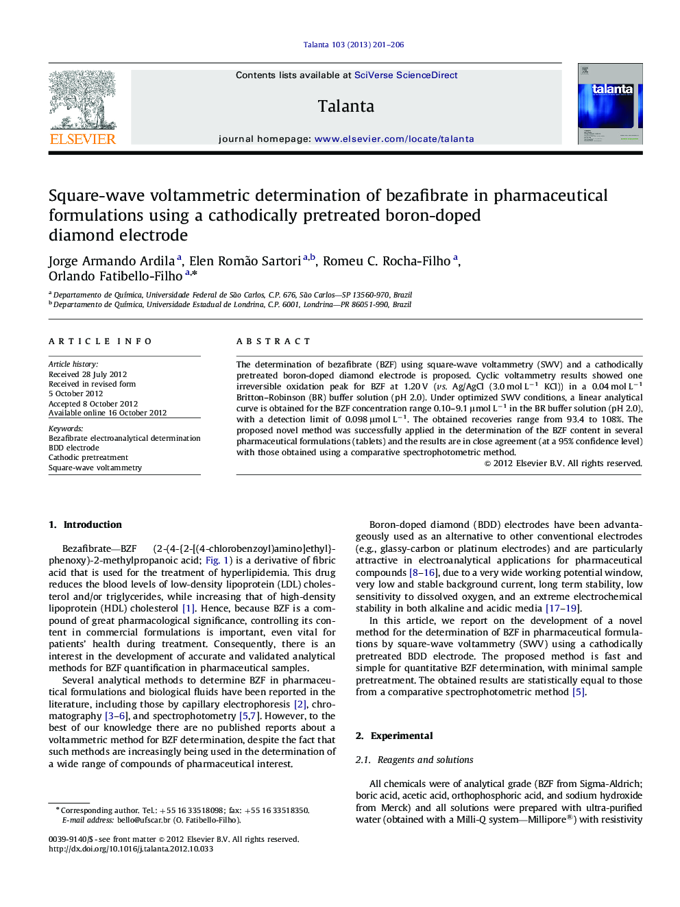 Square-wave voltammetric determination of bezafibrate in pharmaceutical formulations using a cathodically pretreated boron-doped diamond electrode