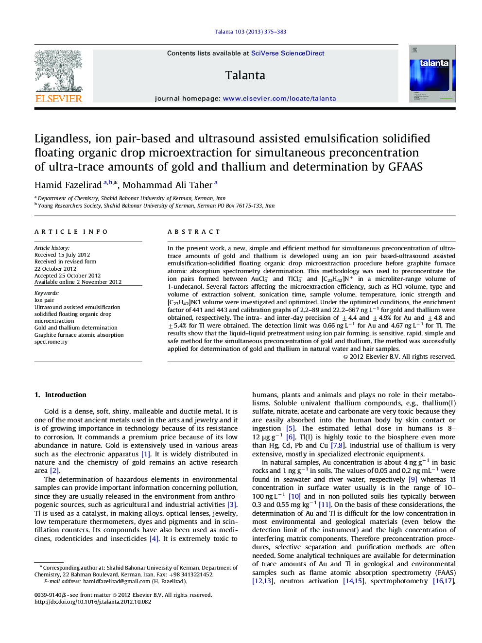 Ligandless, ion pair-based and ultrasound assisted emulsification solidified floating organic drop microextraction for simultaneous preconcentration of ultra-trace amounts of gold and thallium and determination by GFAAS