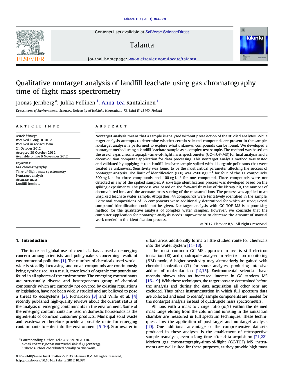 Qualitative nontarget analysis of landfill leachate using gas chromatography time-of-flight mass spectrometry