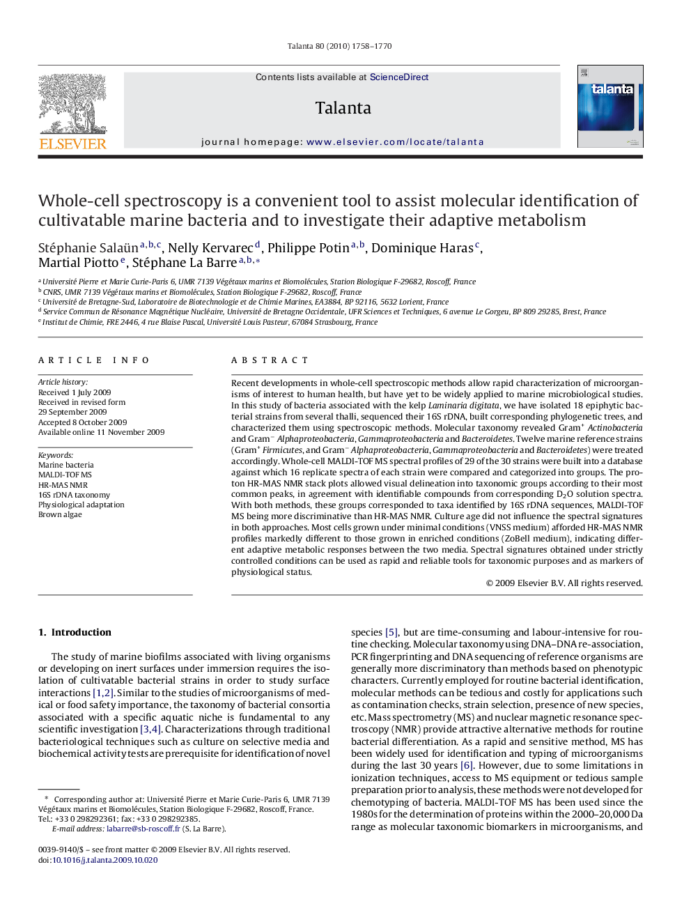 Whole-cell spectroscopy is a convenient tool to assist molecular identification of cultivatable marine bacteria and to investigate their adaptive metabolism