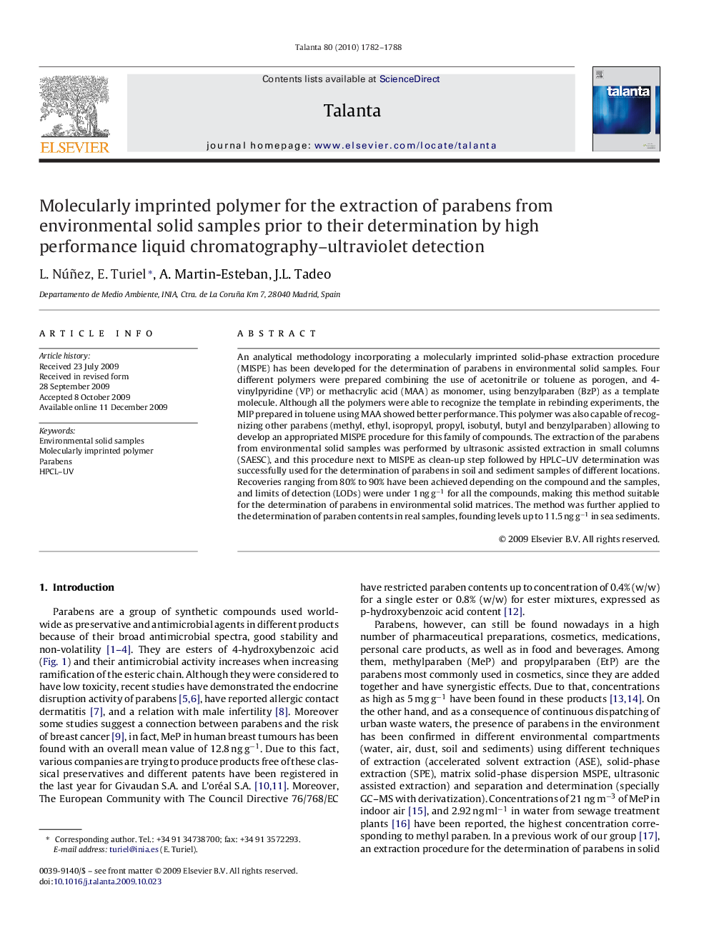 Molecularly imprinted polymer for the extraction of parabens from environmental solid samples prior to their determination by high performance liquid chromatography–ultraviolet detection