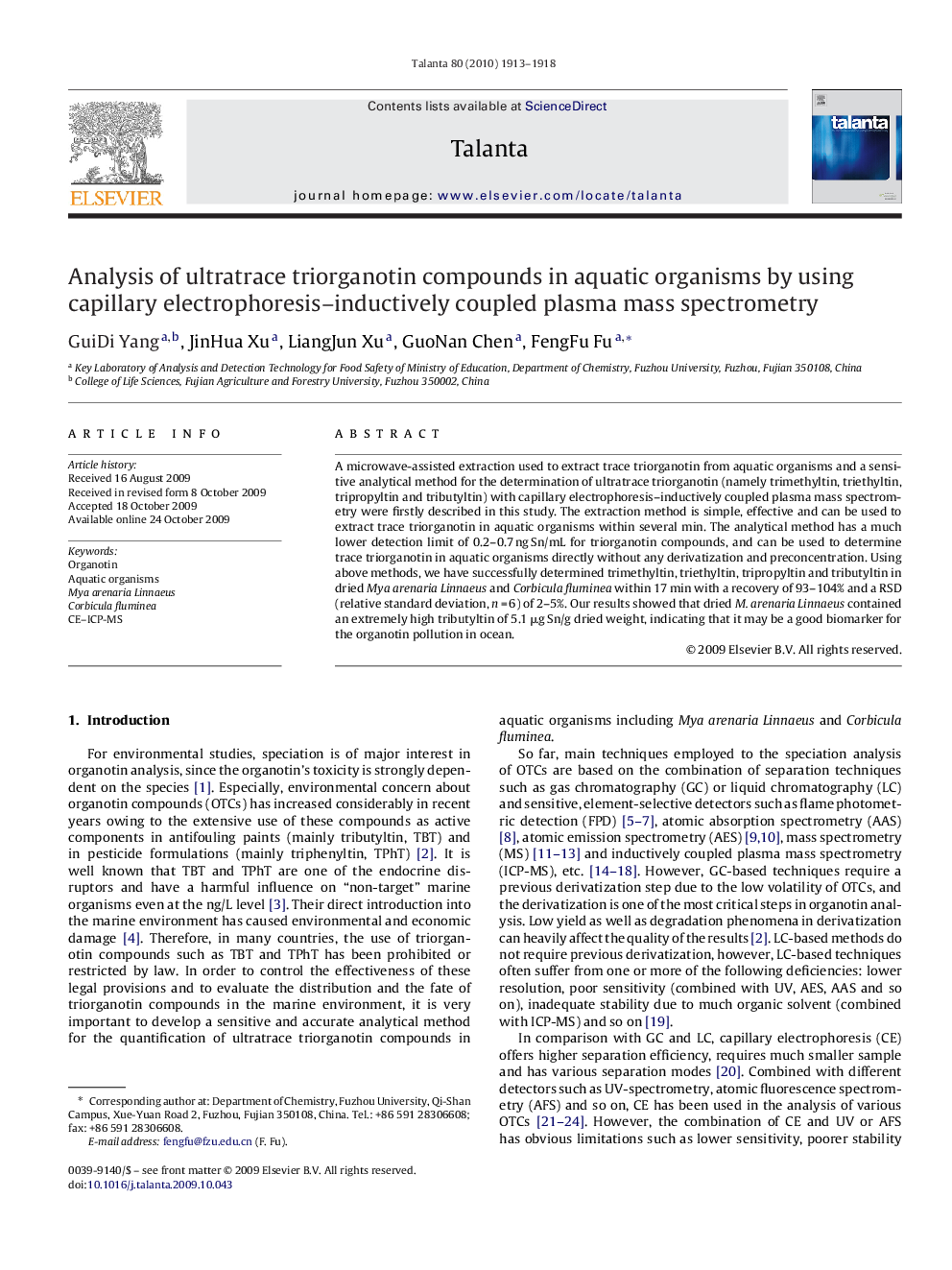 Analysis of ultratrace triorganotin compounds in aquatic organisms by using capillary electrophoresis–inductively coupled plasma mass spectrometry