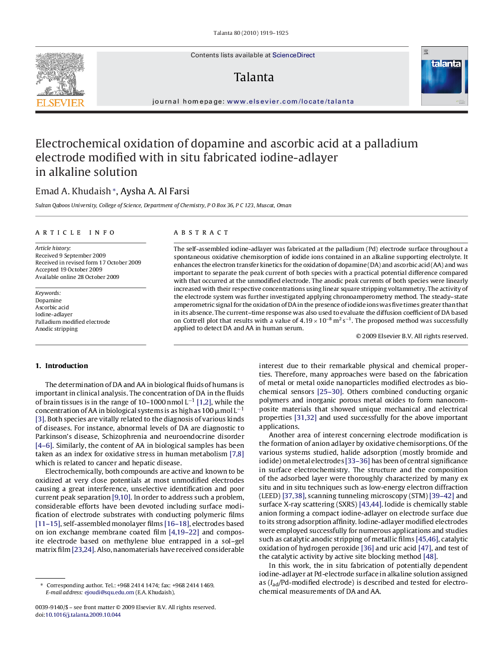 Electrochemical oxidation of dopamine and ascorbic acid at a palladium electrode modified with in situ fabricated iodine-adlayer in alkaline solution