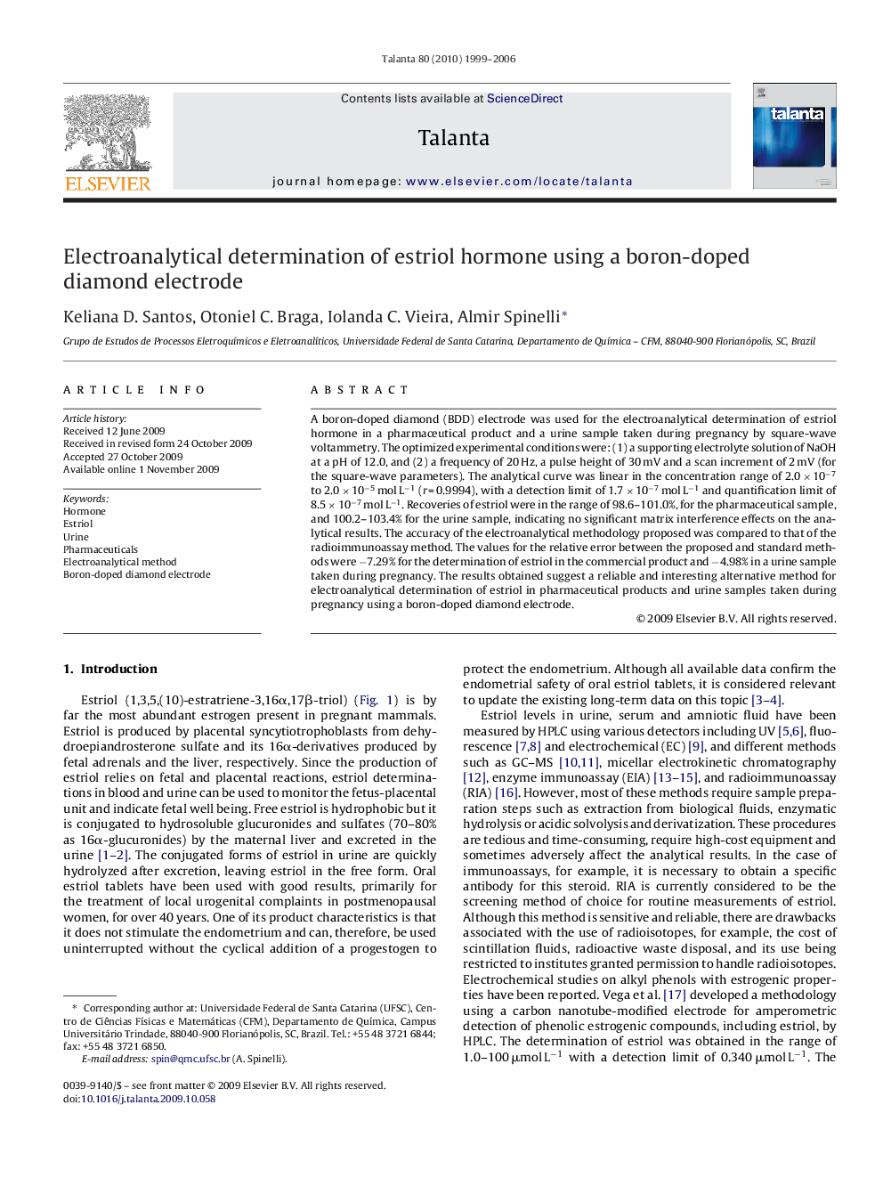 Electroanalytical determination of estriol hormone using a boron-doped diamond electrode