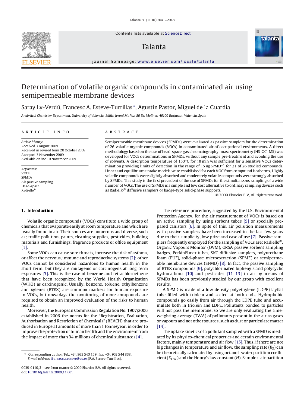 Determination of volatile organic compounds in contaminated air using semipermeable membrane devices