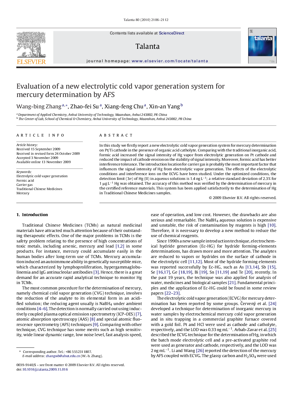 Evaluation of a new electrolytic cold vapor generation system for mercury determination by AFS