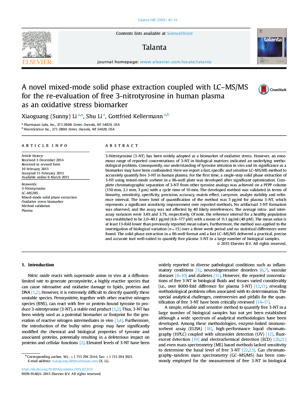 A novel mixed-mode solid phase extraction coupled with LC–MS/MS for the re-evaluation of free 3-nitrotyrosine in human plasma as an oxidative stress biomarker