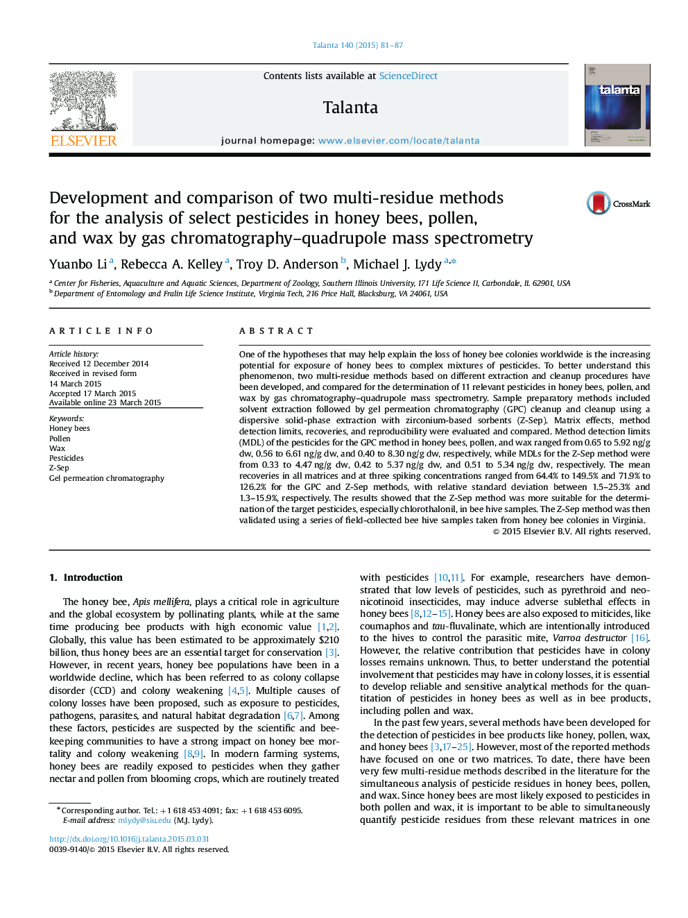 Development and comparison of two multi-residue methods for the analysis of select pesticides in honey bees, pollen, and wax by gas chromatography–quadrupole mass spectrometry