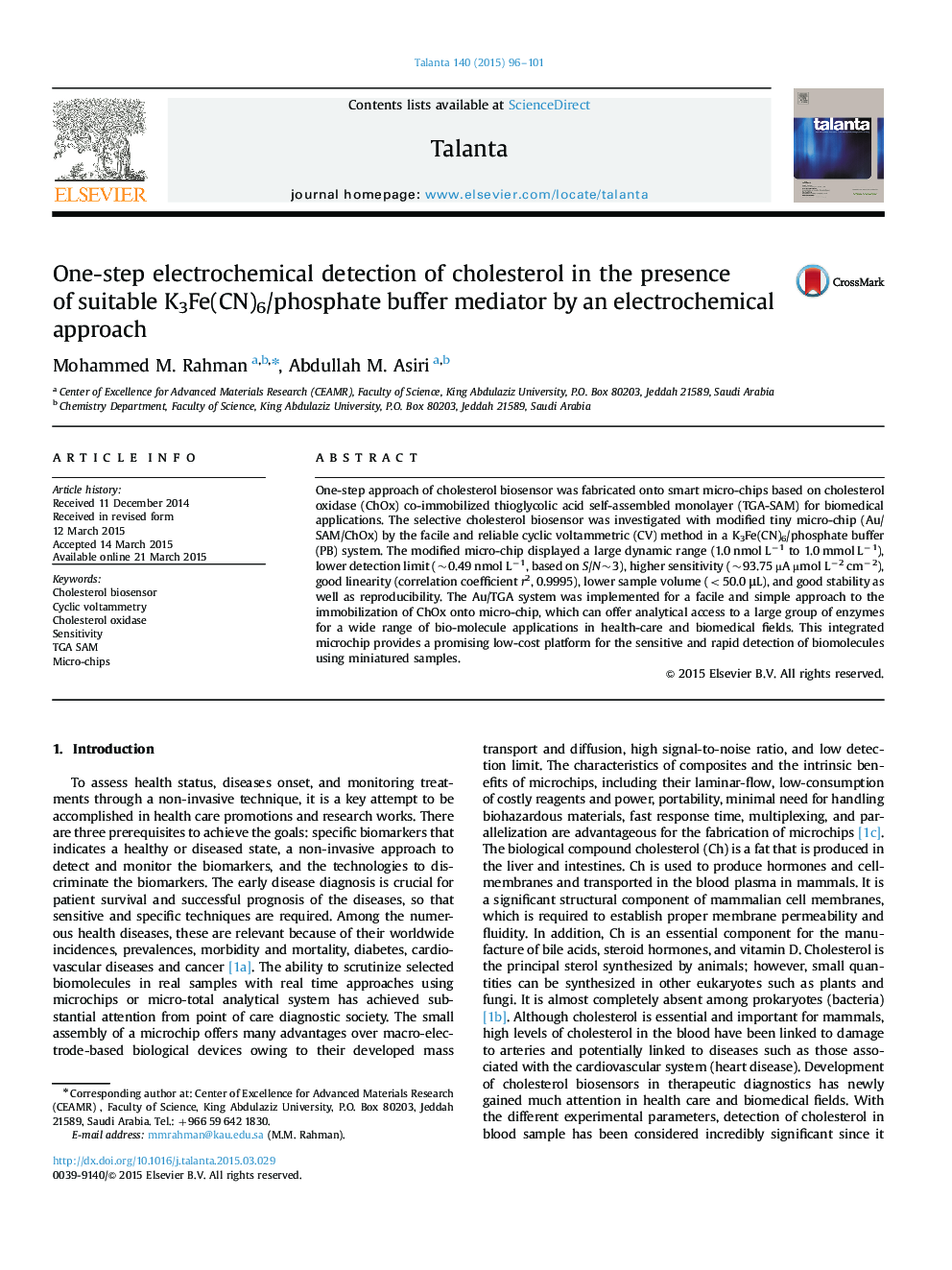 One-step electrochemical detection of cholesterol in the presence of suitable K3Fe(CN)6/phosphate buffer mediator by an electrochemical approach