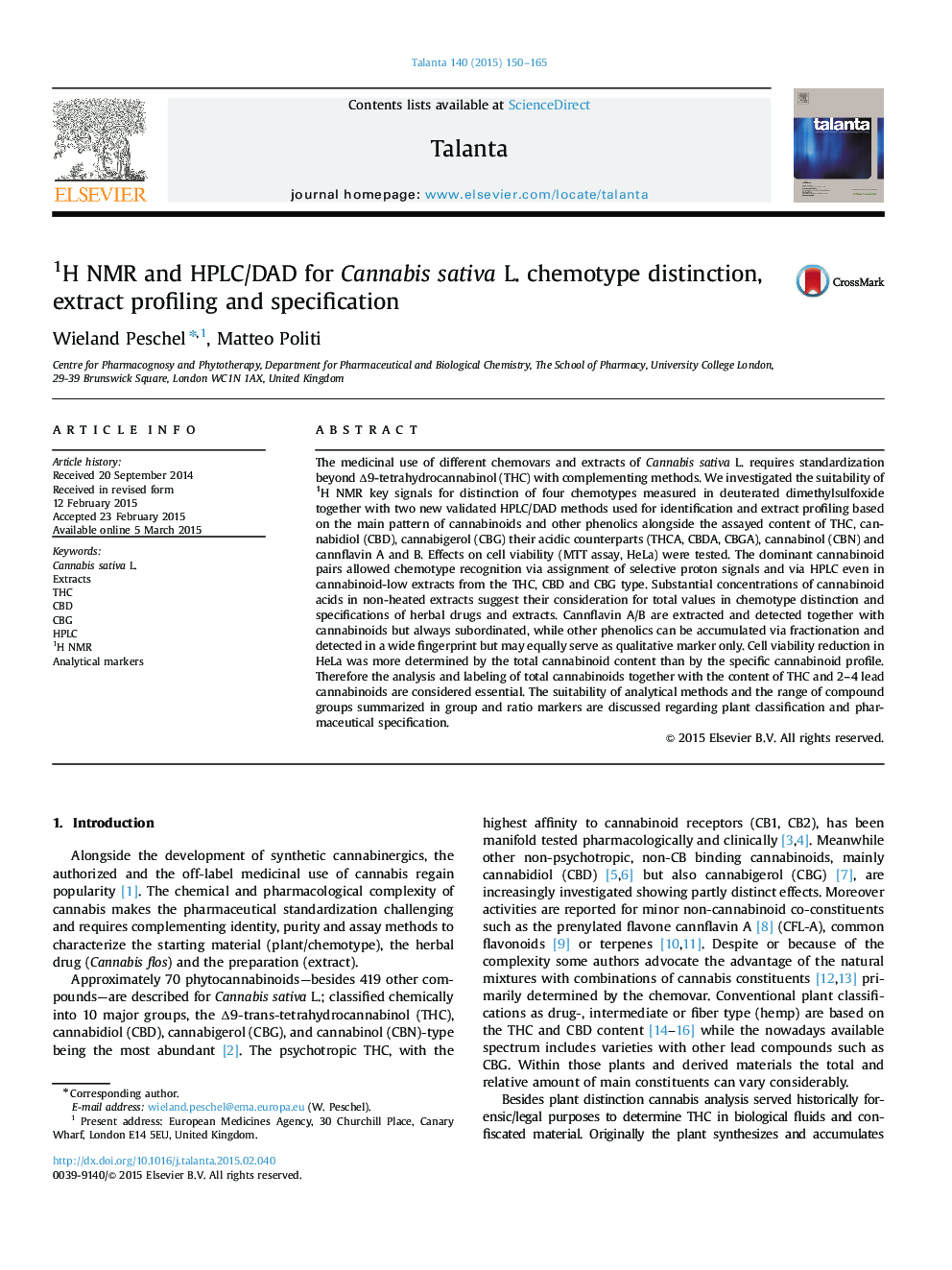 1H NMR and HPLC/DAD for Cannabis sativa L. chemotype distinction, extract profiling and specification