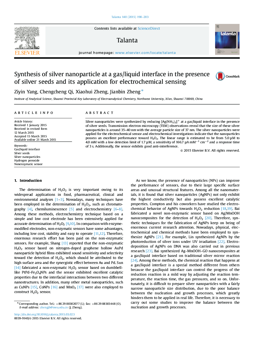 Synthesis of silver nanoparticle at a gas/liquid interface in the presence of silver seeds and its application for electrochemical sensing