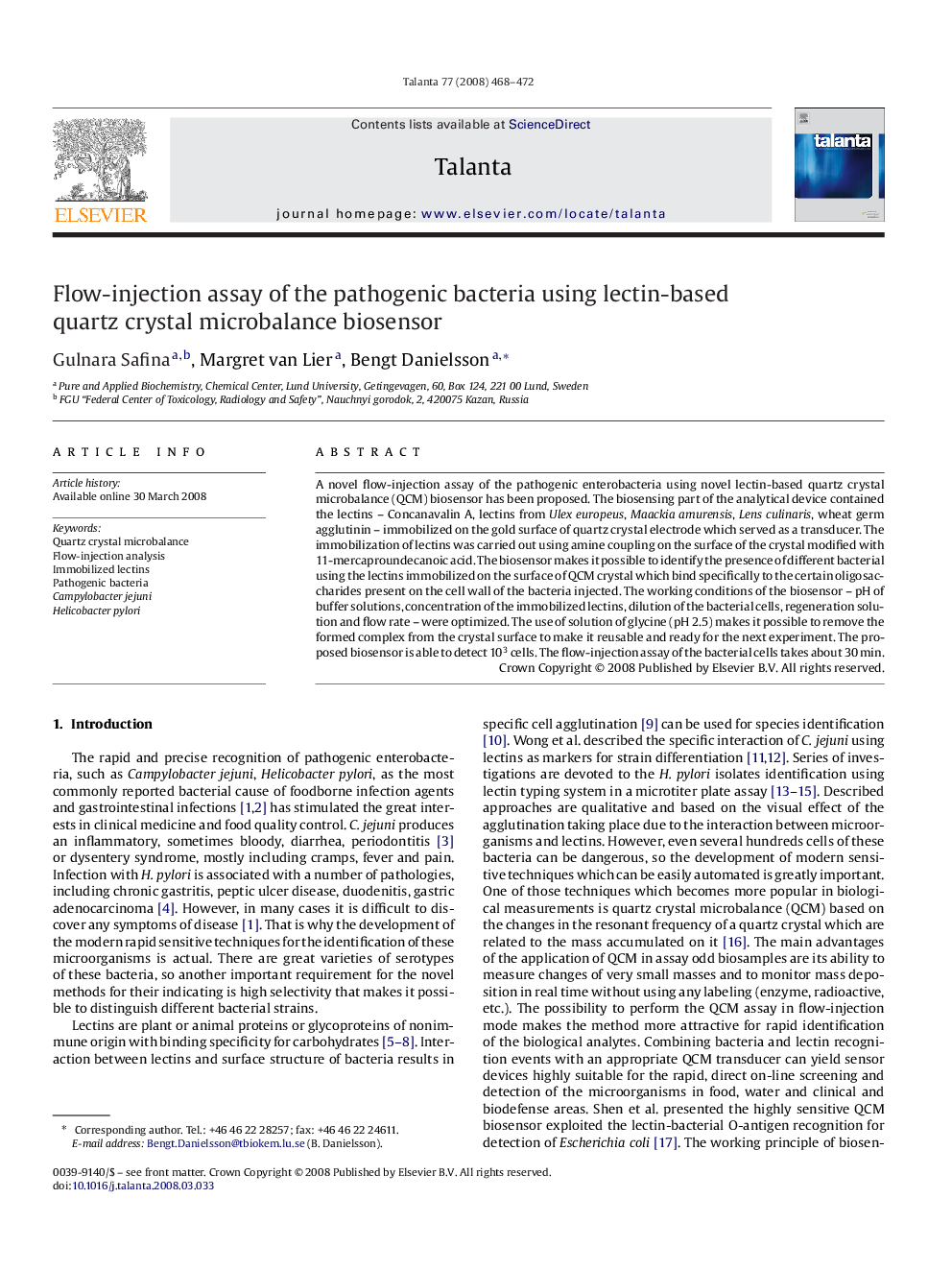 Flow-injection assay of the pathogenic bacteria using lectin-based quartz crystal microbalance biosensor