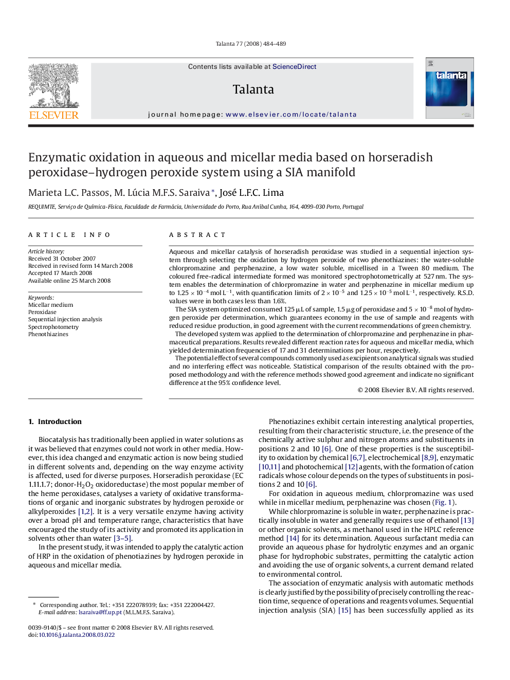 Enzymatic oxidation in aqueous and micellar media based on horseradish peroxidase–hydrogen peroxide system using a SIA manifold