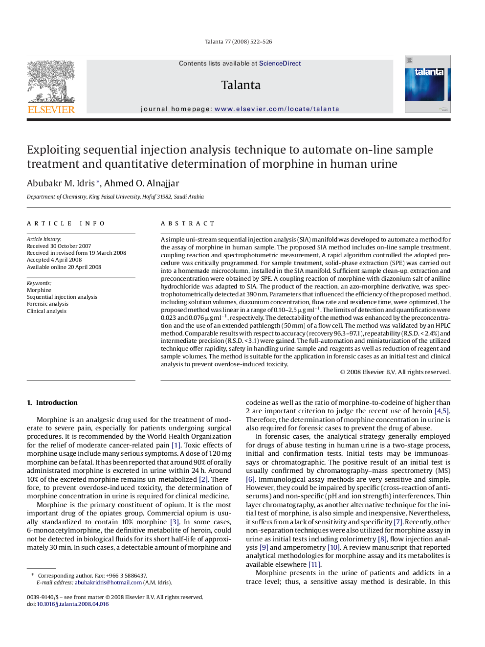 Exploiting sequential injection analysis technique to automate on-line sample treatment and quantitative determination of morphine in human urine