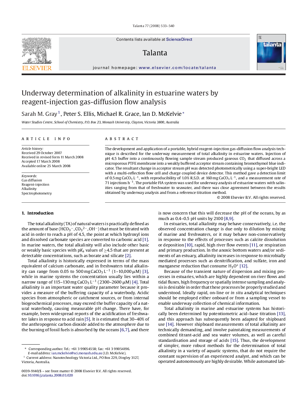 Underway determination of alkalinity in estuarine waters by reagent-injection gas-diffusion flow analysis