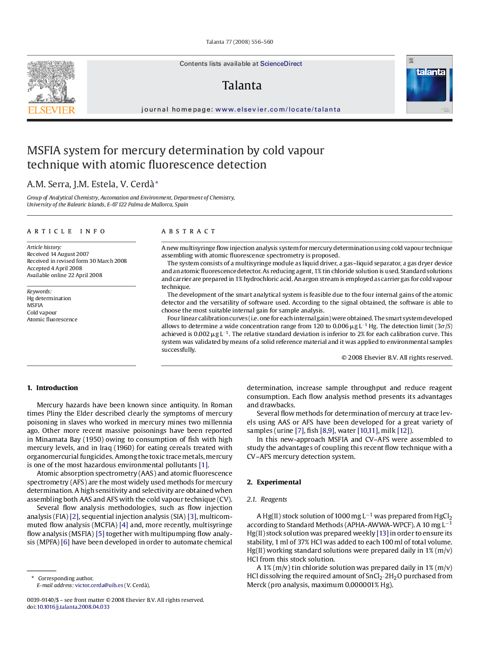 MSFIA system for mercury determination by cold vapour technique with atomic fluorescence detection