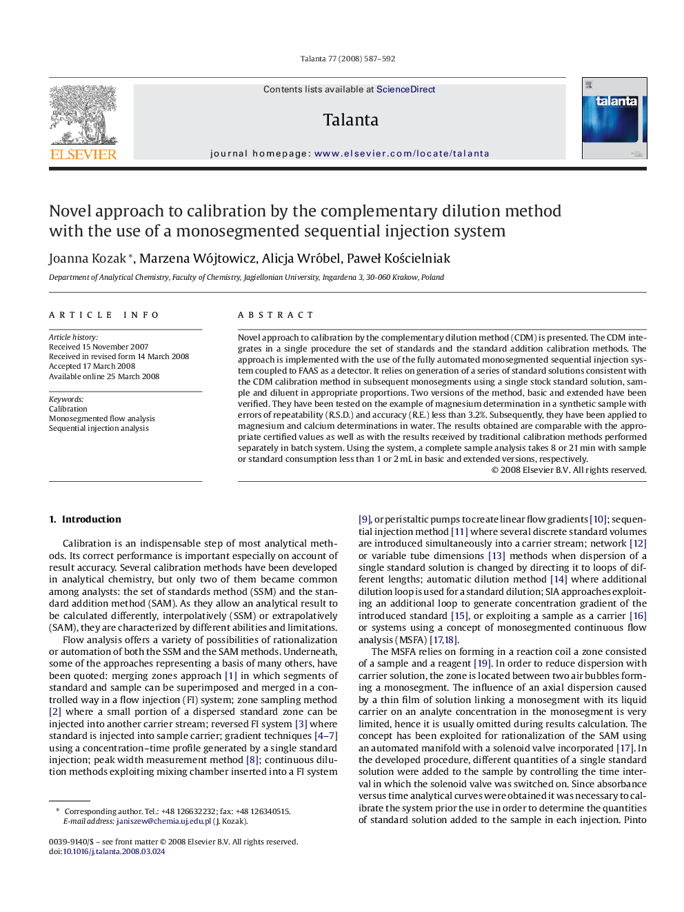 Novel approach to calibration by the complementary dilution method with the use of a monosegmented sequential injection system