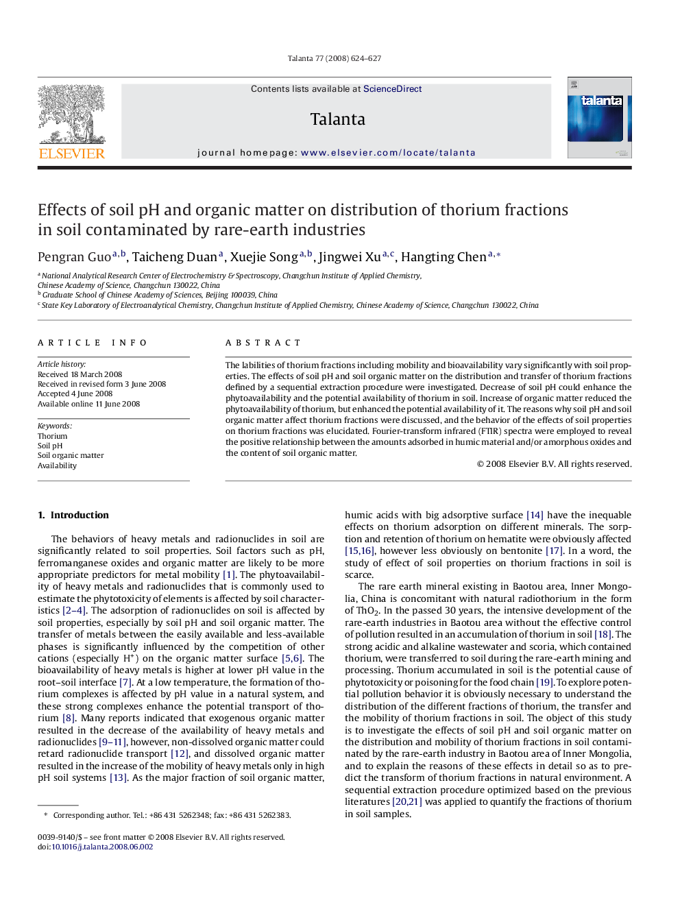 Effects of soil pH and organic matter on distribution of thorium fractions in soil contaminated by rare-earth industries